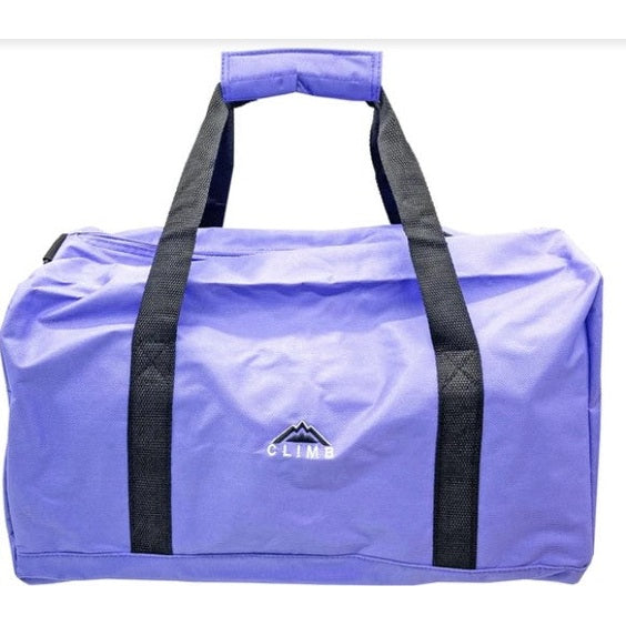 Purple duffel bag with black straps and the word "CLIMB".
