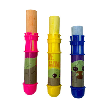 Three Grogu-themed chalk holders with chalk.