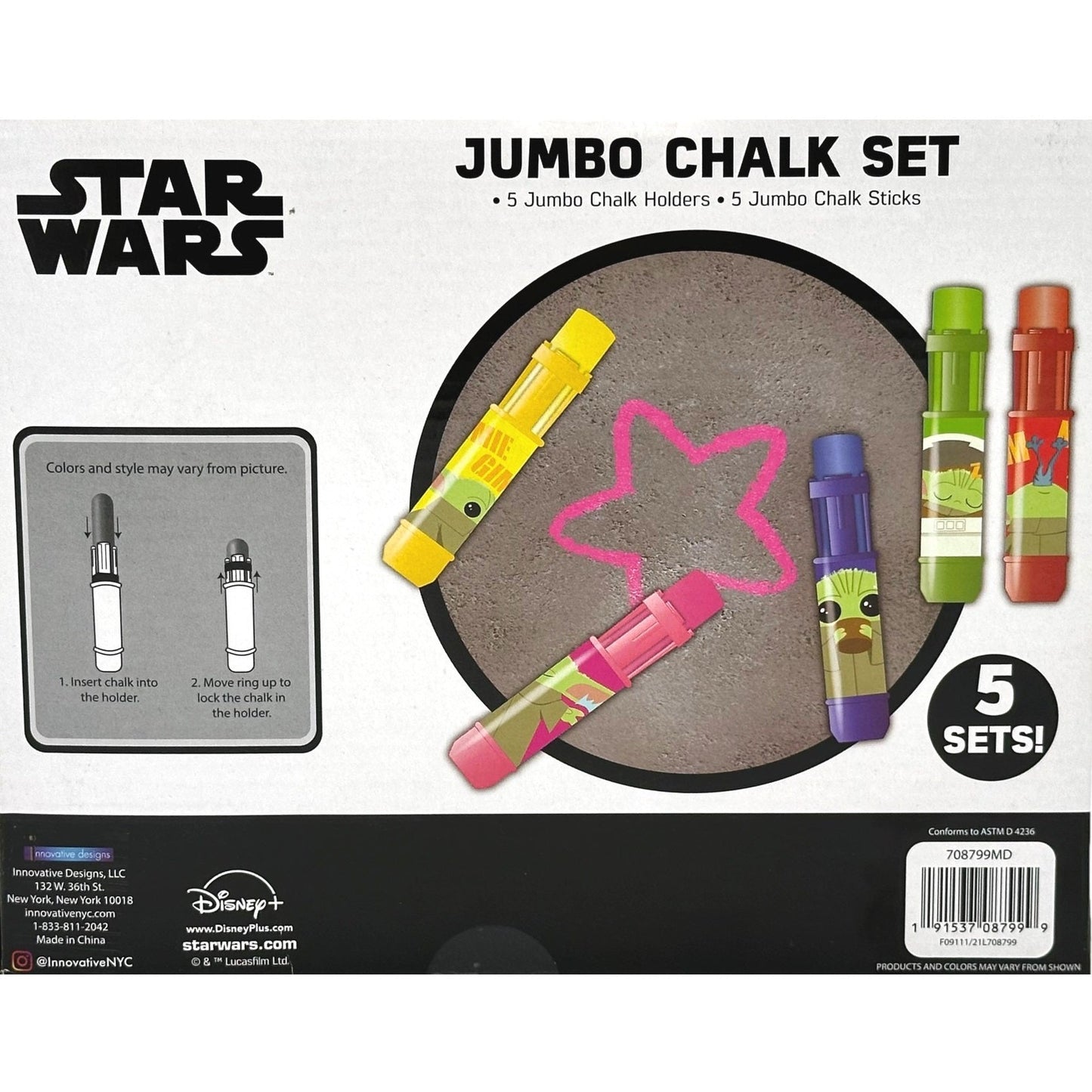 Star Wars jumbo chalk set with five chalk holders and sticks, showcasing colorful designs.
