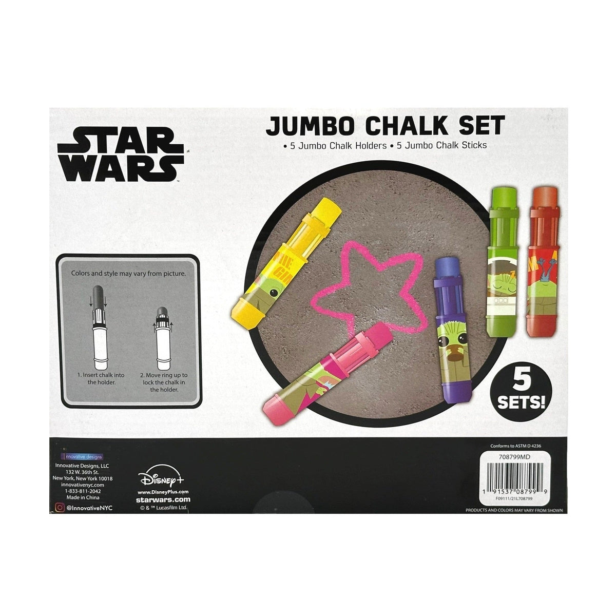 Star Wars jumbo chalk set with five chalk holders and sticks, showcasing colorful designs.