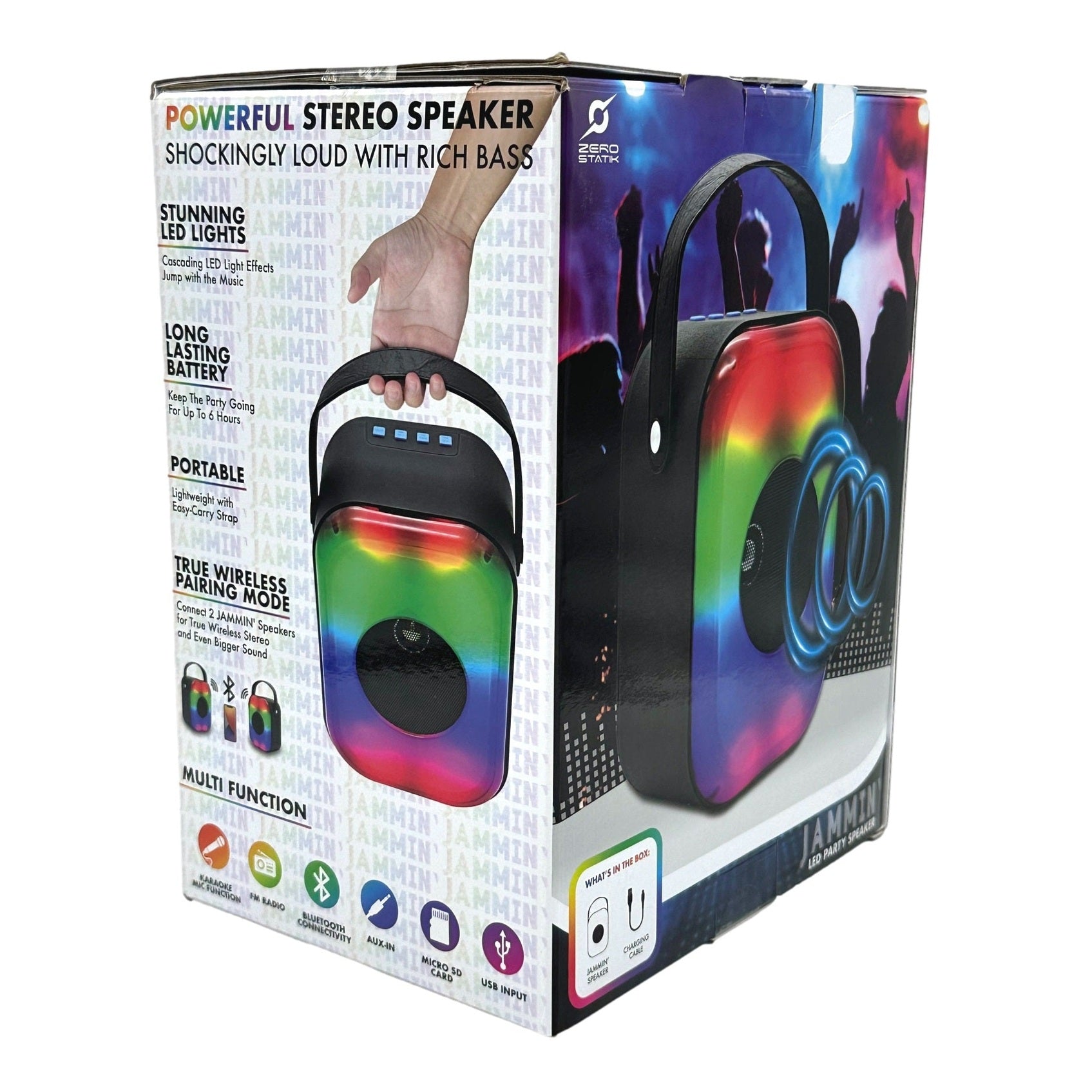 A colorful box for a "Jammin' LED Party Speaker" is displayed with product features and icons on the side, showcasing a black speaker with rainbow lighting held by a hand.