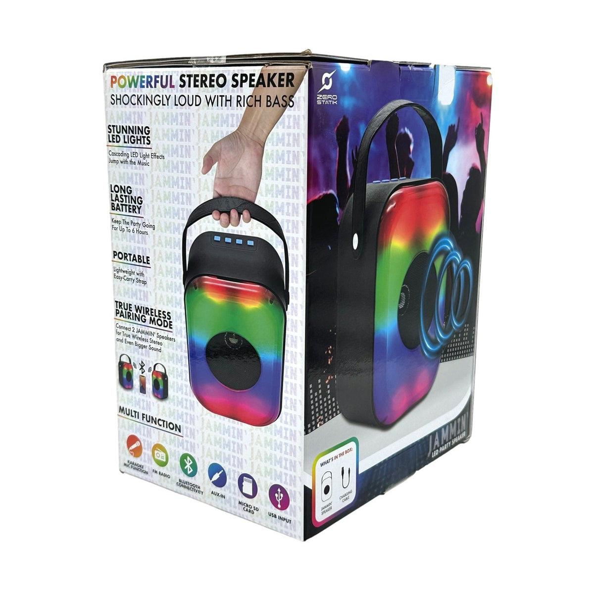 A colorful box for a "Jammin' LED Party Speaker" is displayed with product features and icons on the side, showcasing a black speaker with rainbow lighting held by a hand.