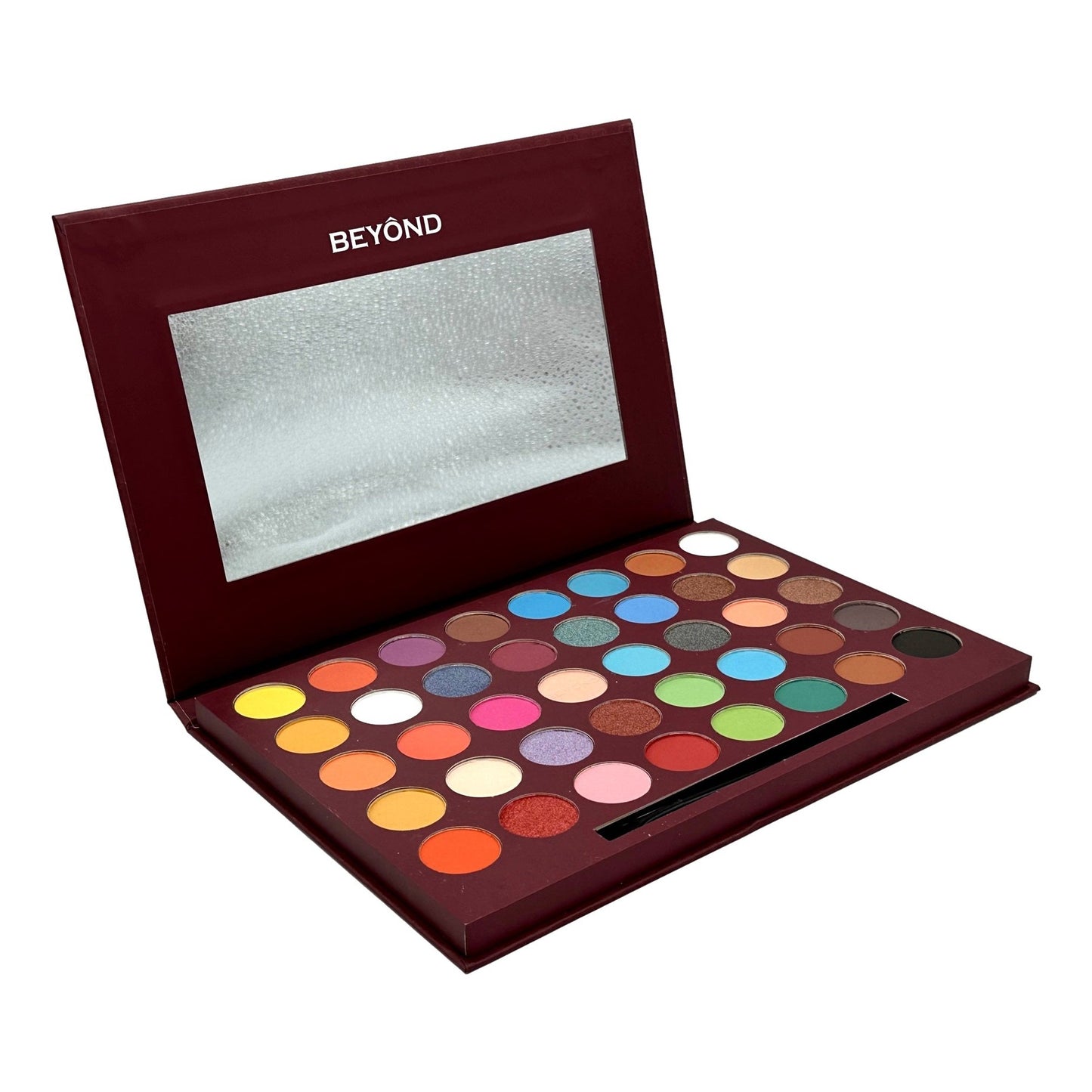 Open, maroon eyeshadow palette with mirror and variety of colorful eyeshadows.
