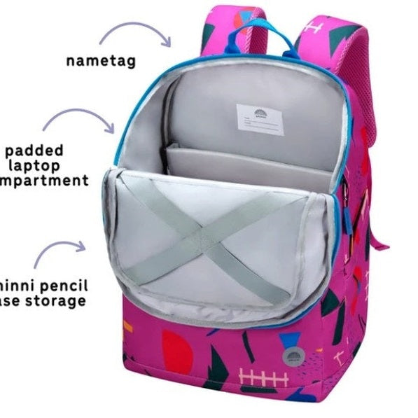 Open pink and purple backpack with padded laptop compartment, name tag, and pencil case storage.
