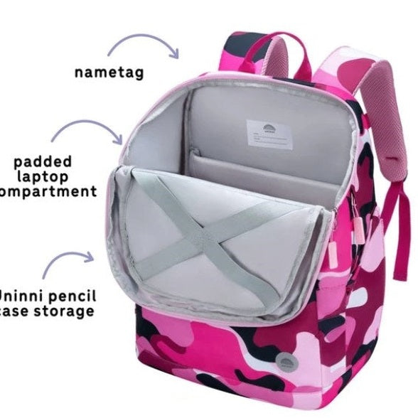 Pink camouflage backpack with open main compartment.