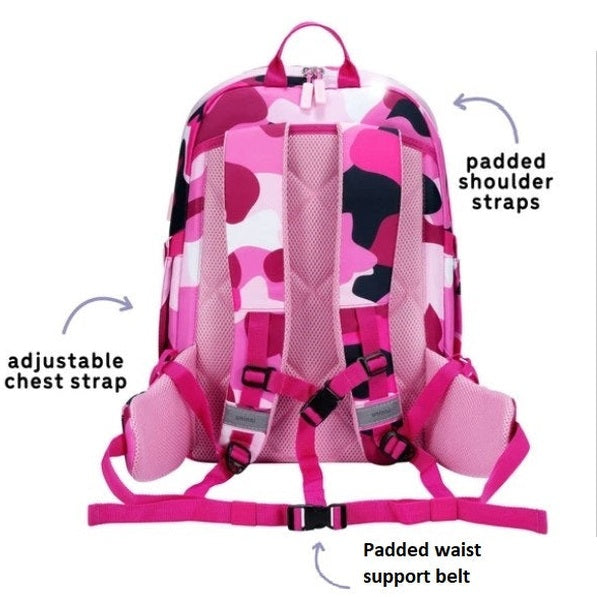 Pink camo backpack with padded shoulder straps, adjustable chest strap, and padded waist support belt.
