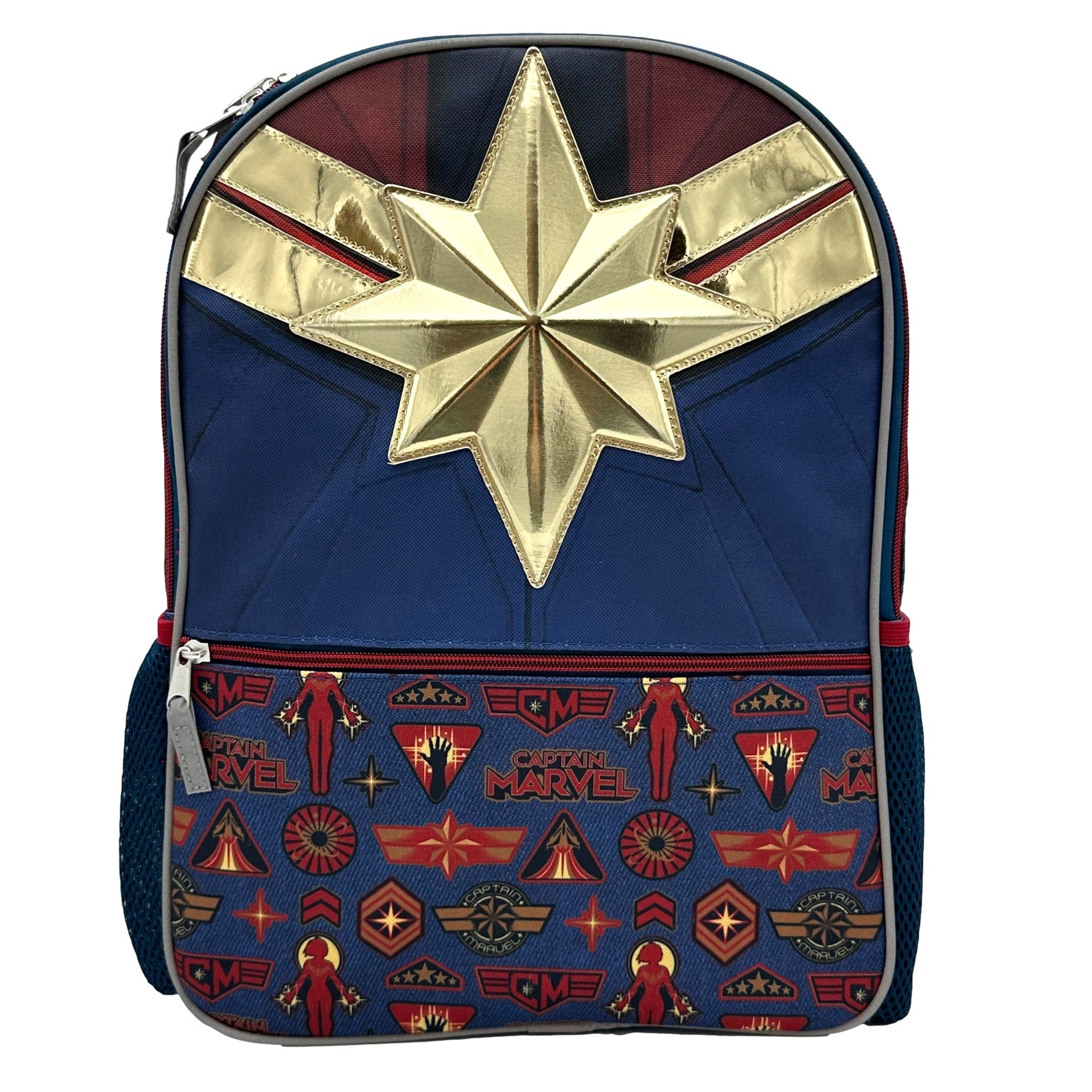 Captain Marvel backpack with gold star emblem and character icons.
