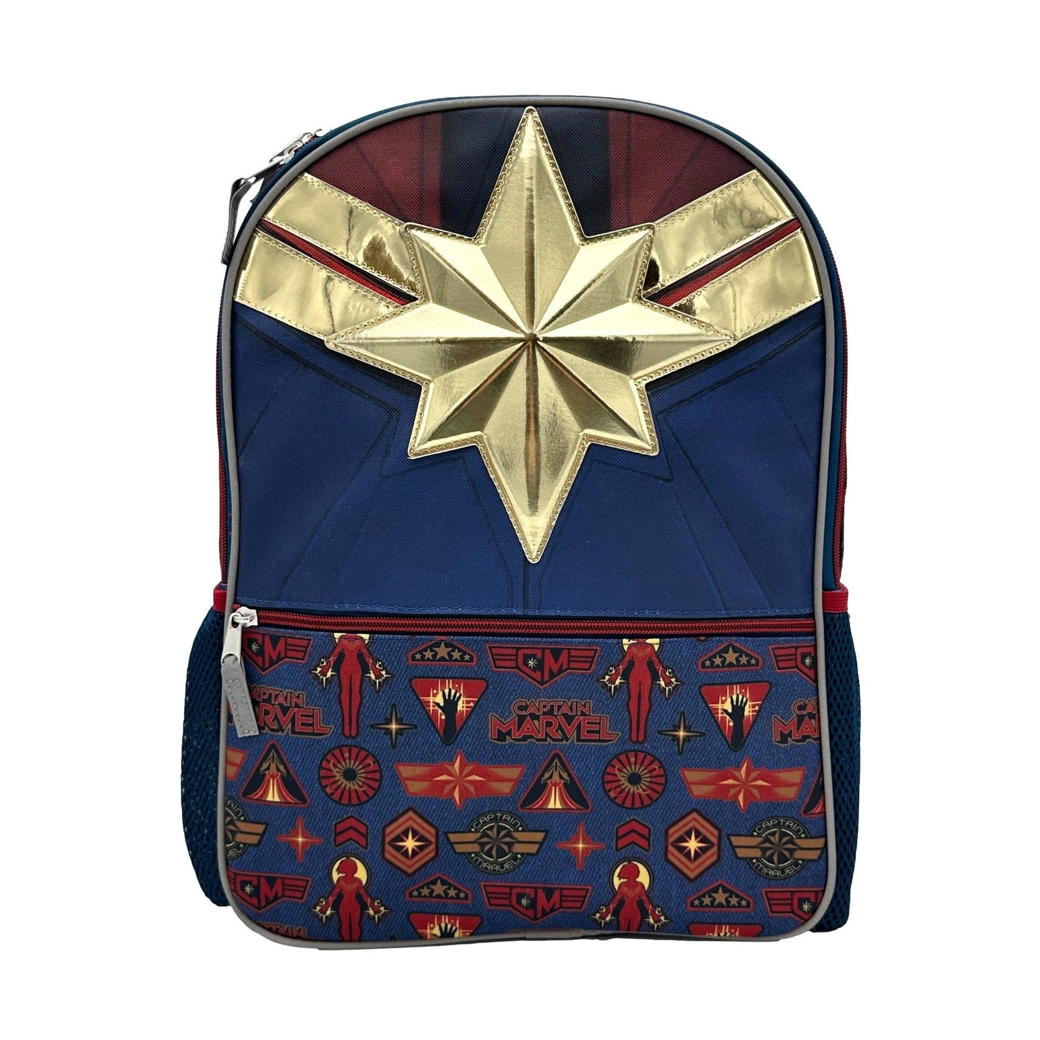 Captain Marvel backpack with gold star emblem and character icons.