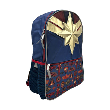 Captain Marvel backpack with gold star and red, gold, and blue color scheme.