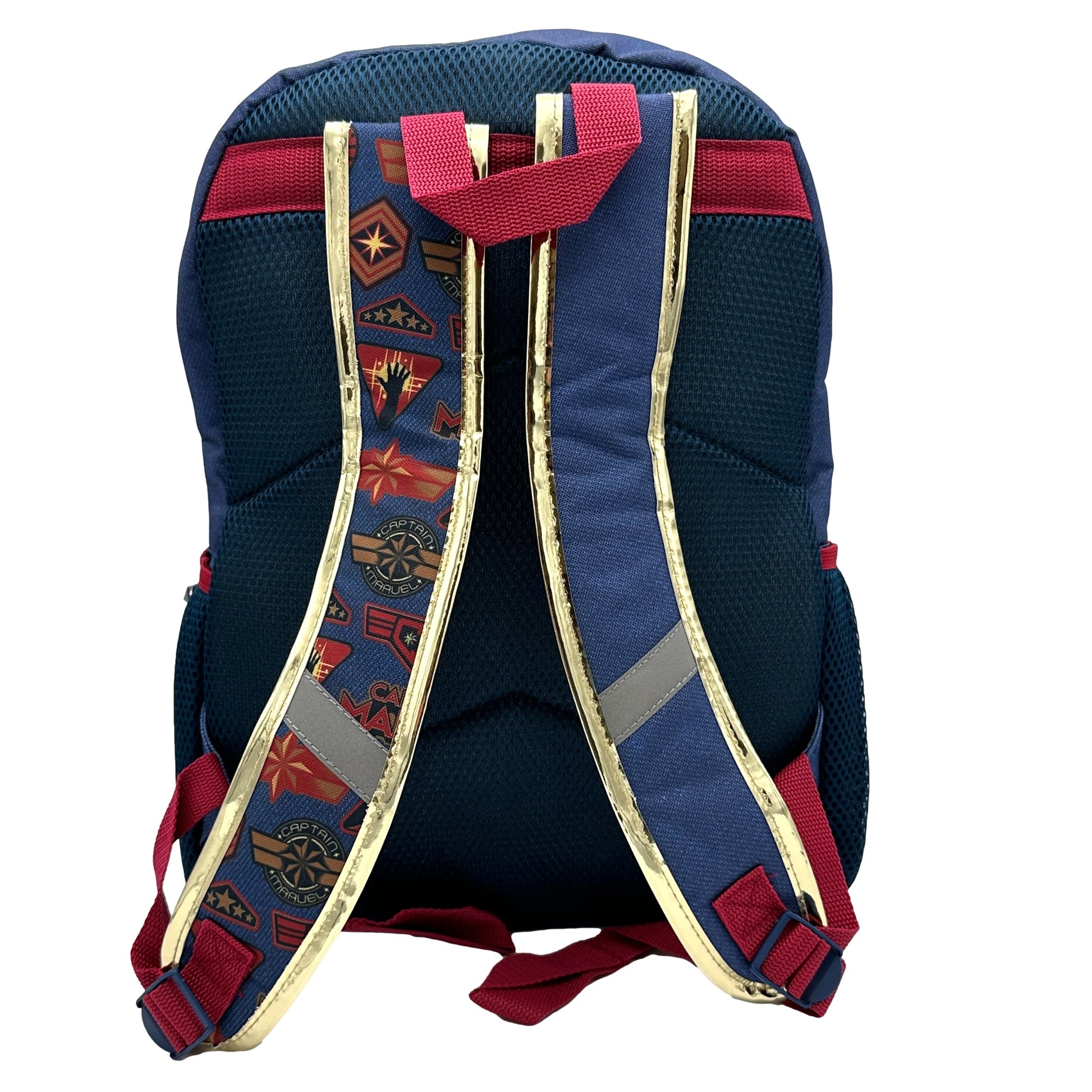 Blue backpack with red straps and gold trim, featuring Captain Marvel insignia.