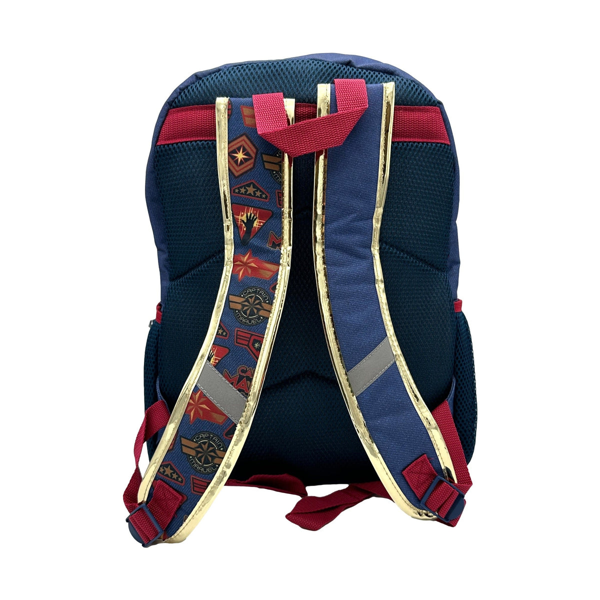 Blue backpack with red straps and gold trim, featuring Captain Marvel insignia.