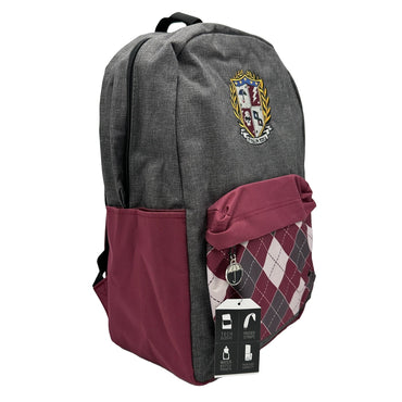 Gray backpack with burgundy accents and diamond pattern on a pocket.