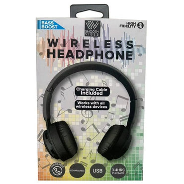 Box of black wireless headphones.