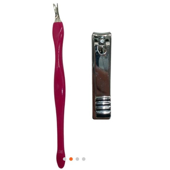 A red cuticle pusher and a silver nail clipper.
