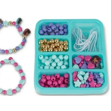 Here are some descriptive alt tags for the product image:
* **Bead bracelet making kit in a blue organizer tray with various colored beads and strings.**
* **Kids' jewelry making set with beads and bracelet samples.**
* **Close-up of a bead crafting kit featuring pastel-colored beads, strings, and completed bracelets.**
* **Brightly lit crafting kit with beads in compartments and finished bracelets to the side.**