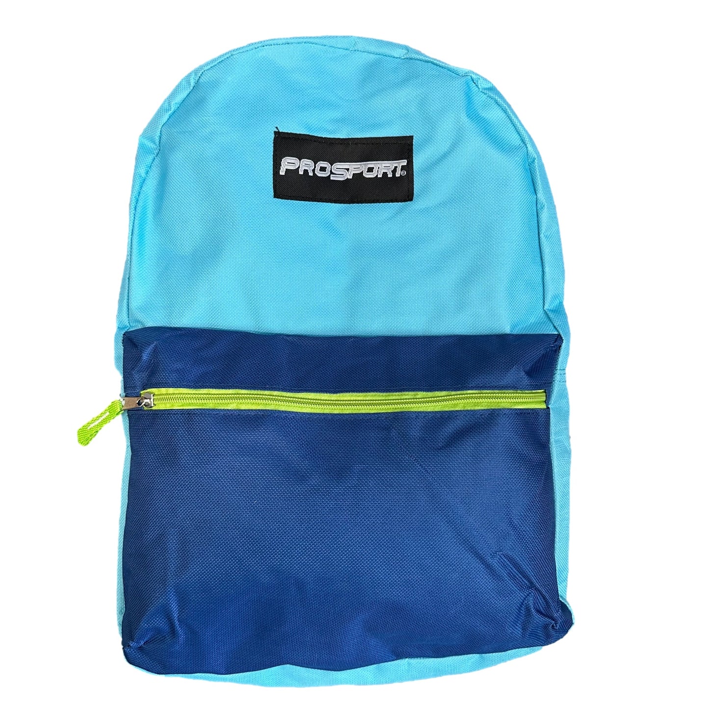 Blue ProSport backpack with a neon green zipper.