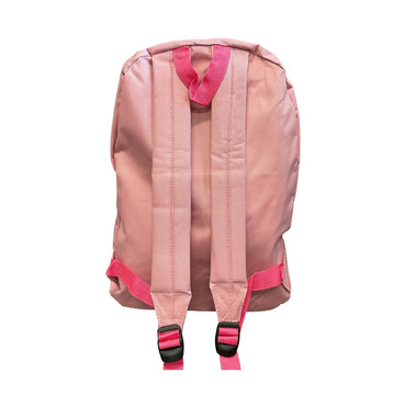 Back view of a pink backpack with dark pink straps.