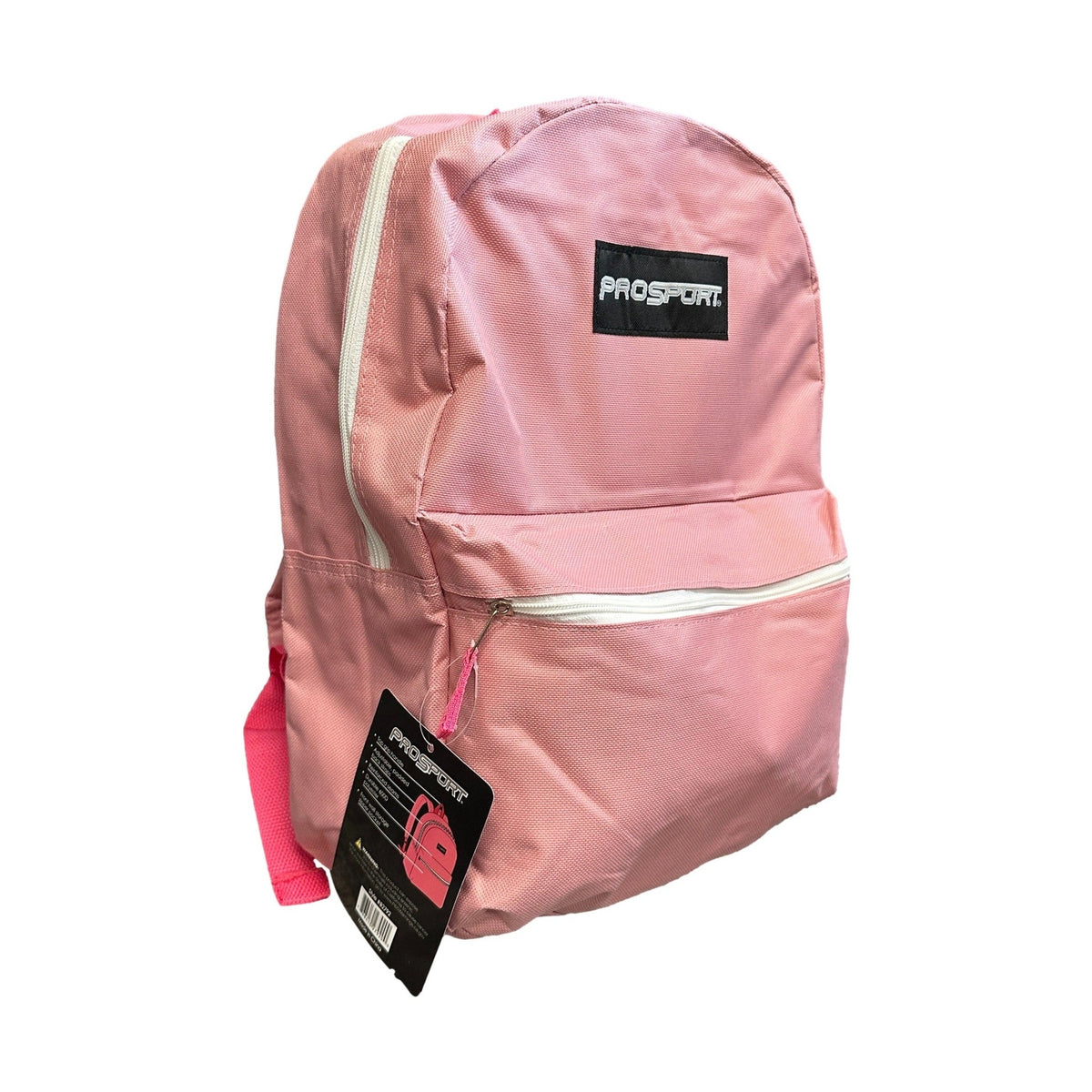 Pink backpack with white zippers, Pro Sport logo, and product tag.