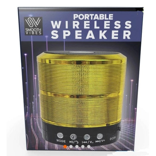 Boxed portable wireless speaker, gold.