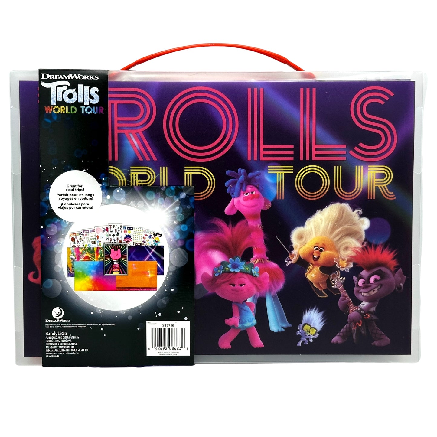 A DreamWorks Trolls World Tour activity set in a clear plastic carrying case with a red handle, featuring characters from the movie on the front.