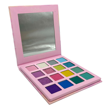 Open pink BeBella eyeshadow palette with mirror and colorful eyeshadows.