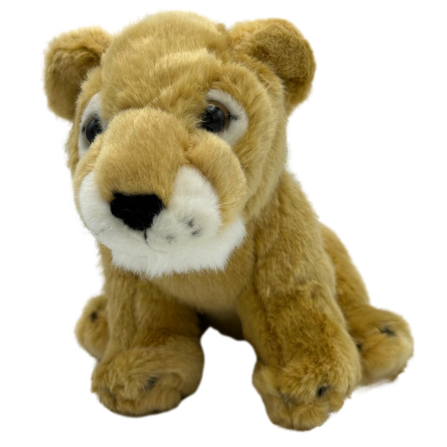 Stuffed lion cub toy sitting.