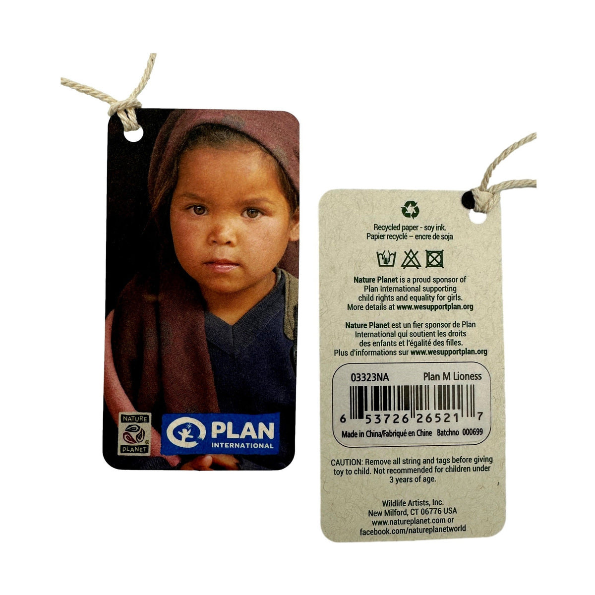 Product tag featuring a child's portrait and brand information.