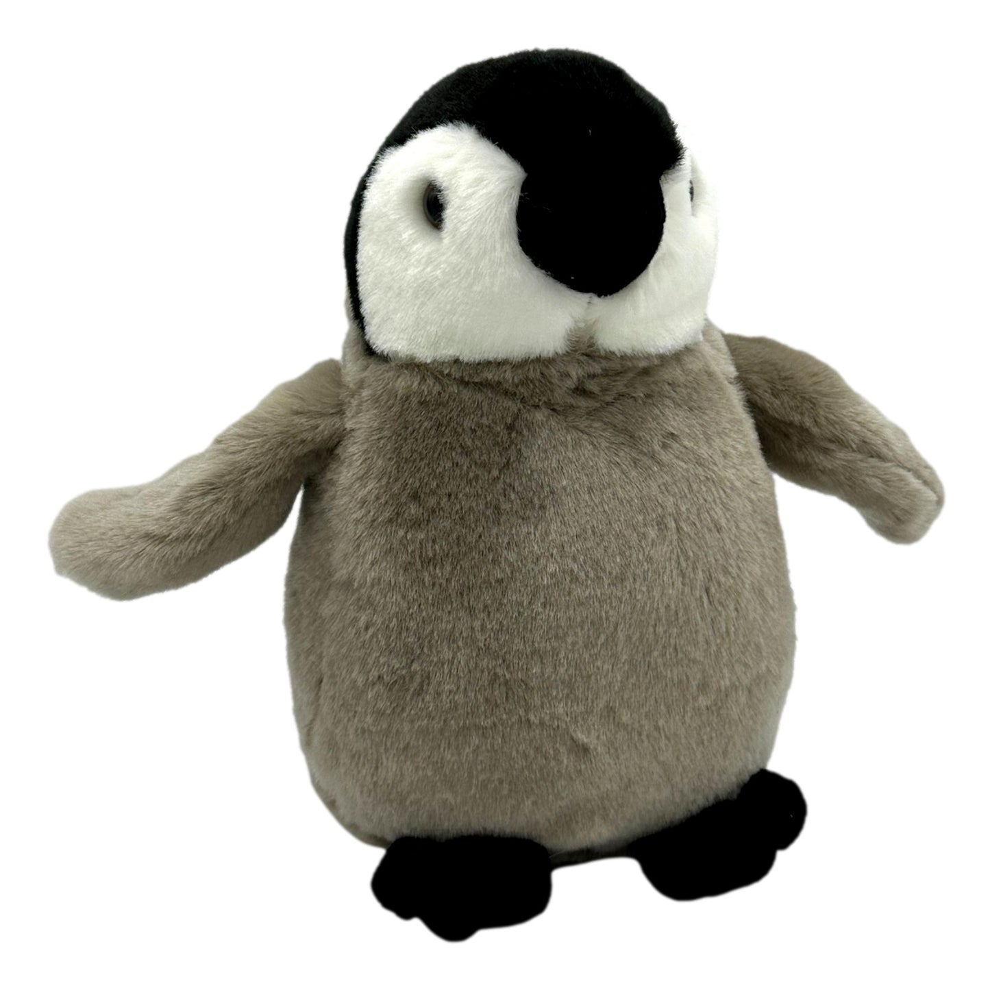 Stuffed penguin toy with black and white head, gray body and flippers, black feet.