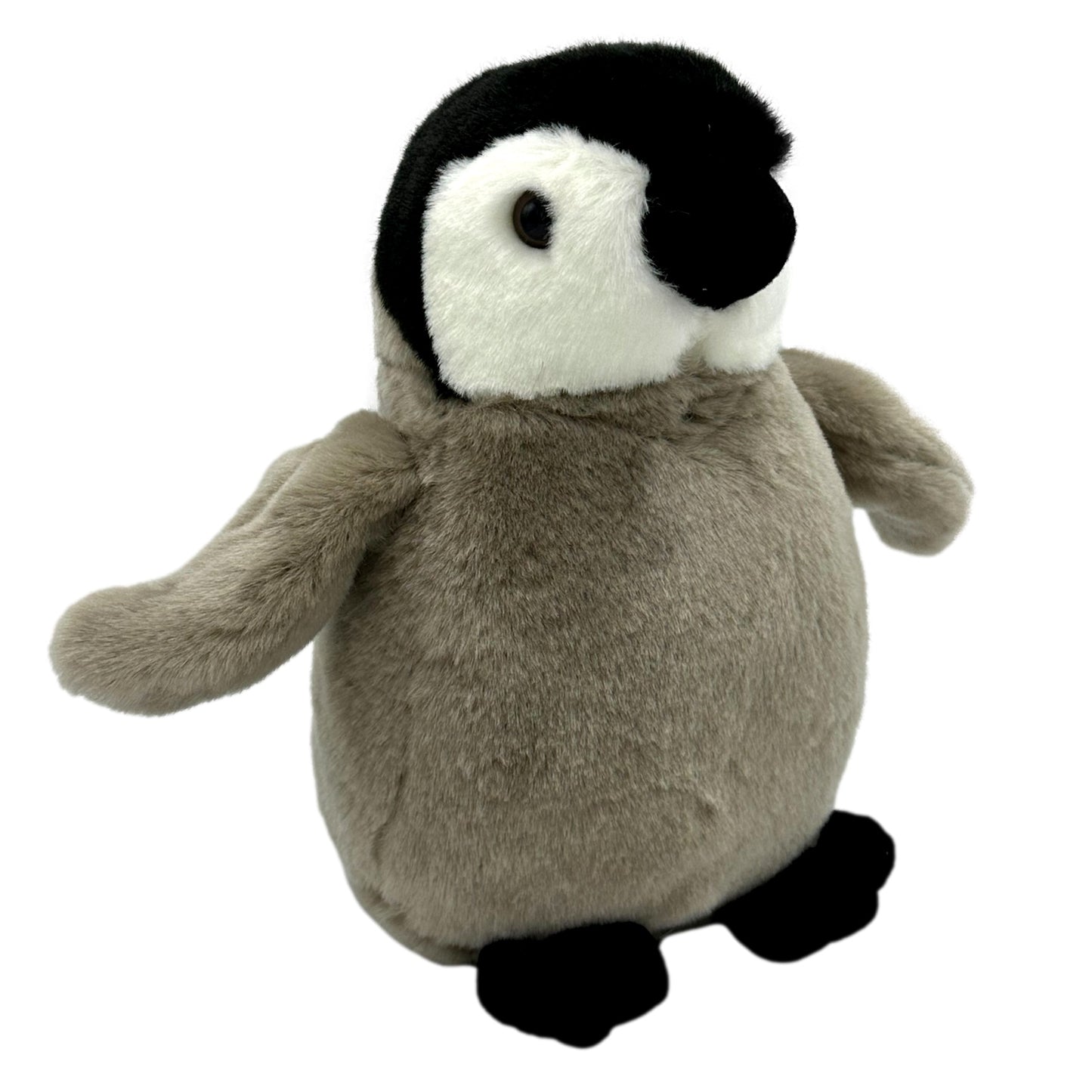 Stuffed penguin toy, gray body, black and white head, black feet.