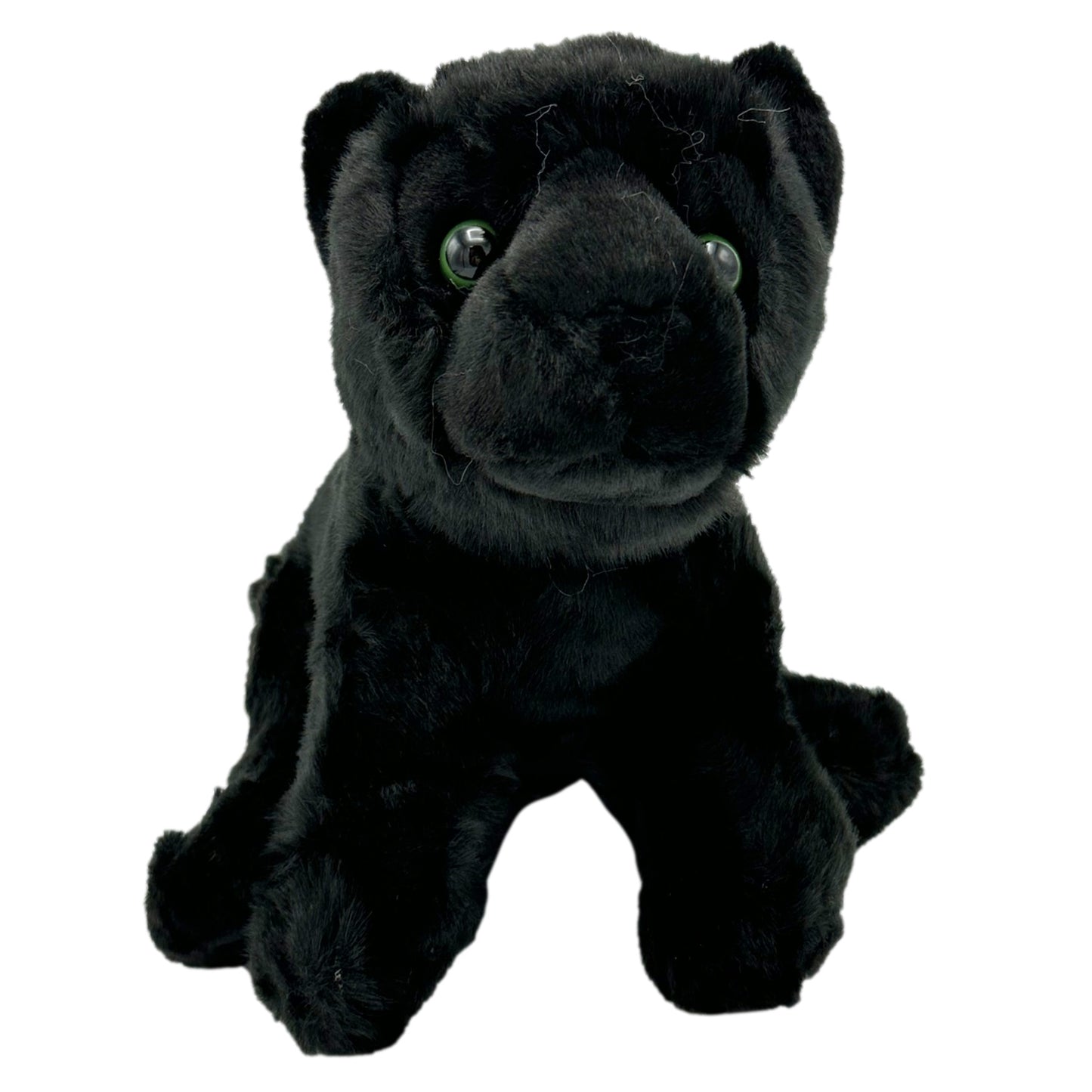 Black plush panther toy with green eyes.