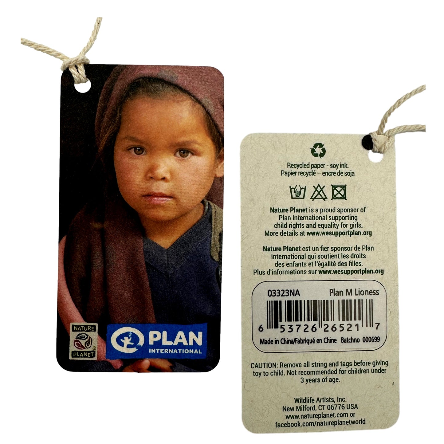 Two-sided product tag with a photo of a young girl on the front and product details on the back, attached with a twine string.
