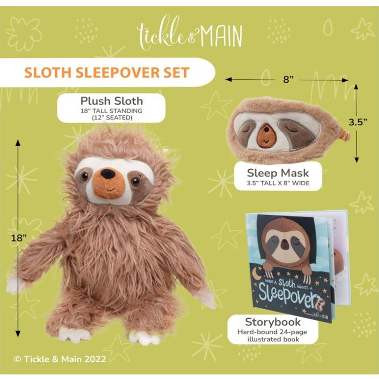 Promotional shot of a "Sloth Sleepover Set" that includes a plush sloth, a sleep mask, and a storybook. The plush sloth stands 18 inches tall and has a light brown, shaggy coat, while the sleep mask is brown with a cartoon sloth face on the front. The storybook is titled "When a Sloth Wants a Sleepover." The background is light green and adorned with cartoon stars.