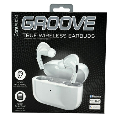 Box of white CoreAudio "Groove" true wireless earbuds with case.