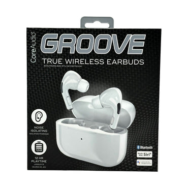 Box of white CoreAudio "Groove" true wireless earbuds with case.