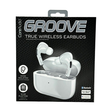 Box of white CoreAudio "Groove" true wireless earbuds with case.