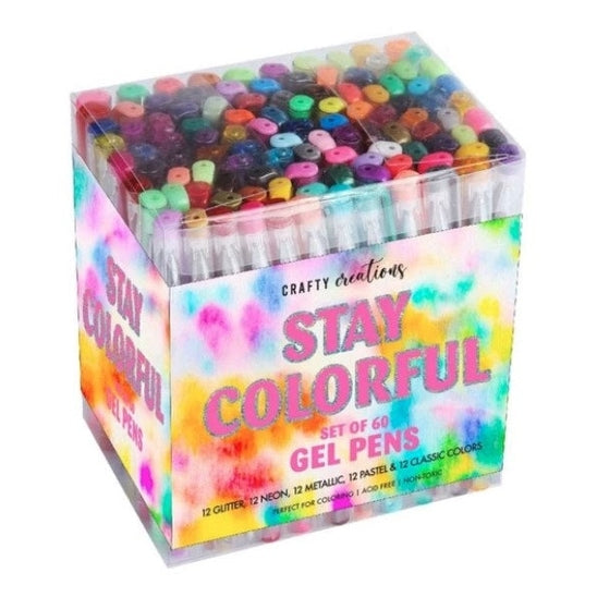 A package of "Crafty Creations" gel pens, with the words "Stay Colorful" in large, glittery pink letters.
