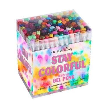 A package of "Crafty Creations" gel pens, with the words "Stay Colorful" in large, glittery pink letters.
