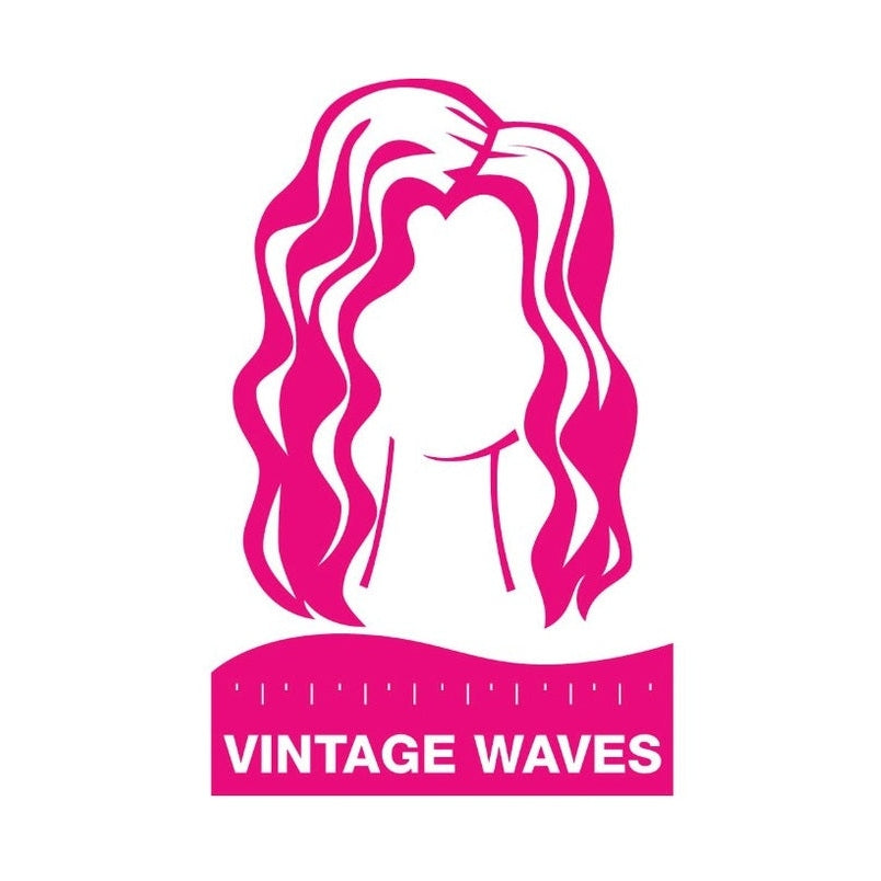 Pink logo with wavy hair, neck, and the words "VINTAGE WAVES."
