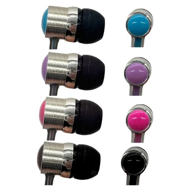 Four pairs of earbuds in blue, purple, pink, and black. Each pair has a black silicone tip and a ribbed silver body. The ends of the earbud bodies are colored.