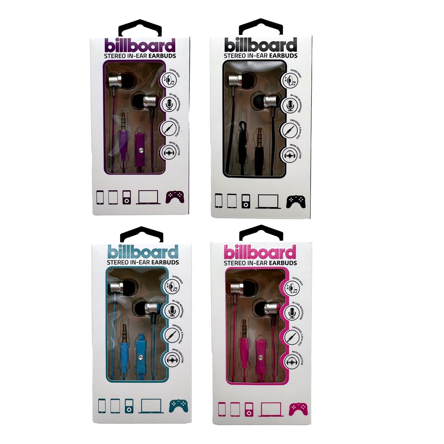Four packages of Billboard stereo in-ear earbuds in purple, black, blue, and pink.