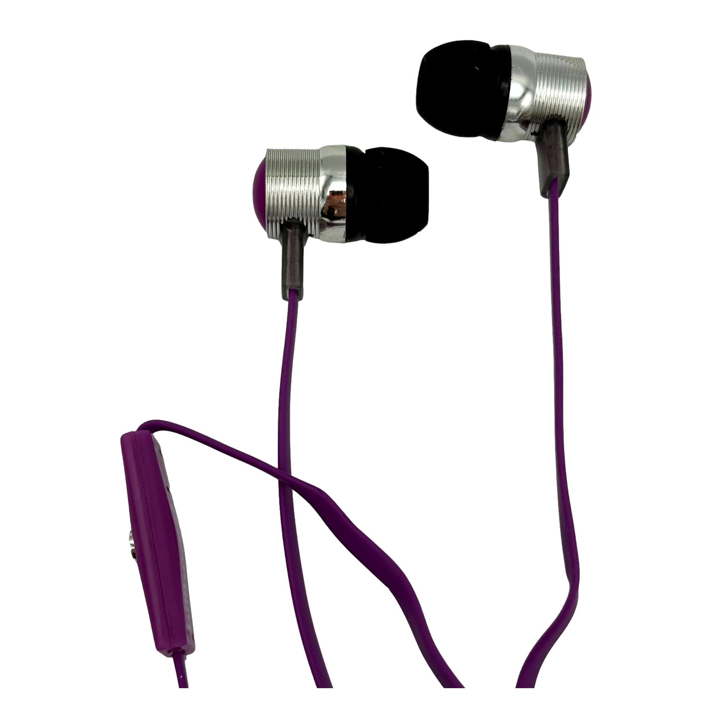 Purple earphones with black ear tips and silver metallic accents.