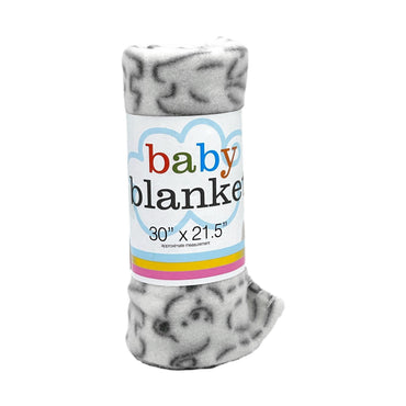 Rolled baby blanket with gray and black pattern, wrapped in packaging.