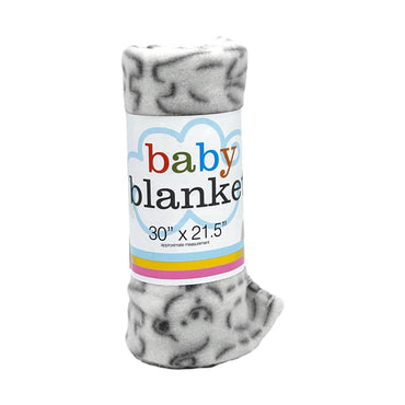 Rolled baby blanket with gray and black pattern, wrapped in packaging.
