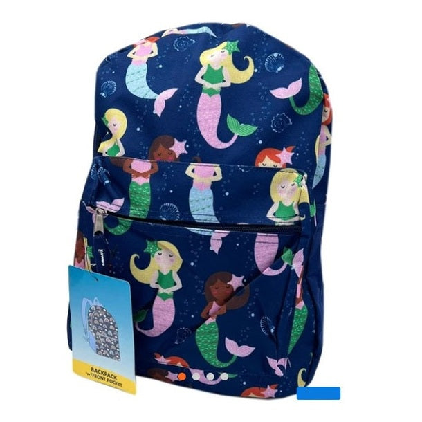 Navy blue backpack with mermaid pattern.