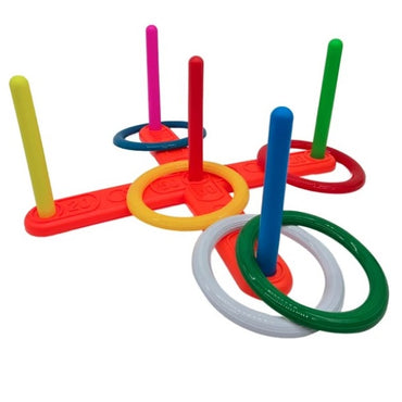 Ring toss game with colorful pegs and rings.