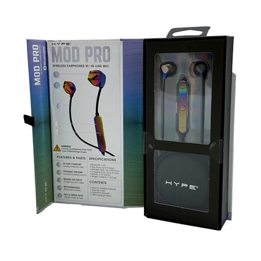 Product shot of Hype Mod Pro wireless earphones in their packaging.