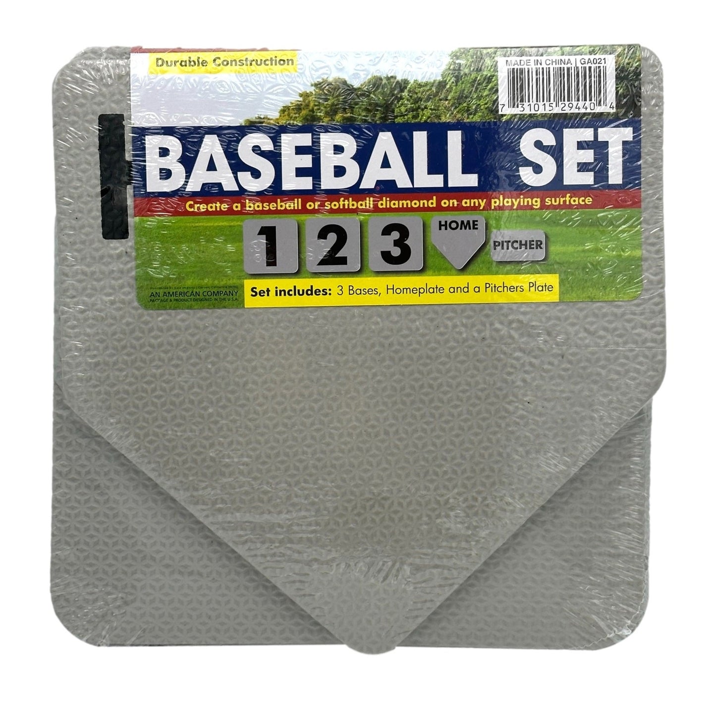 Packaged baseball base set.
