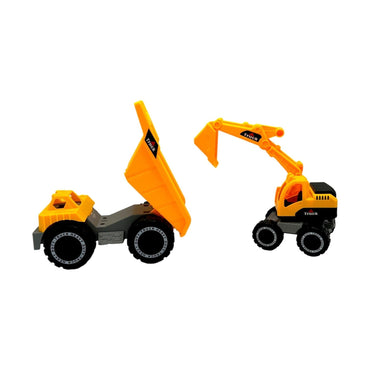 Two yellow and gray toy construction vehicles.