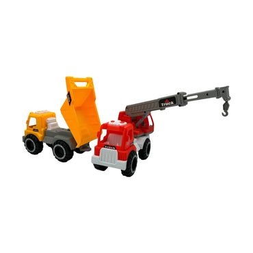 Two plastic toy trucks, a yellow dump truck and a red crane truck, on a white background.