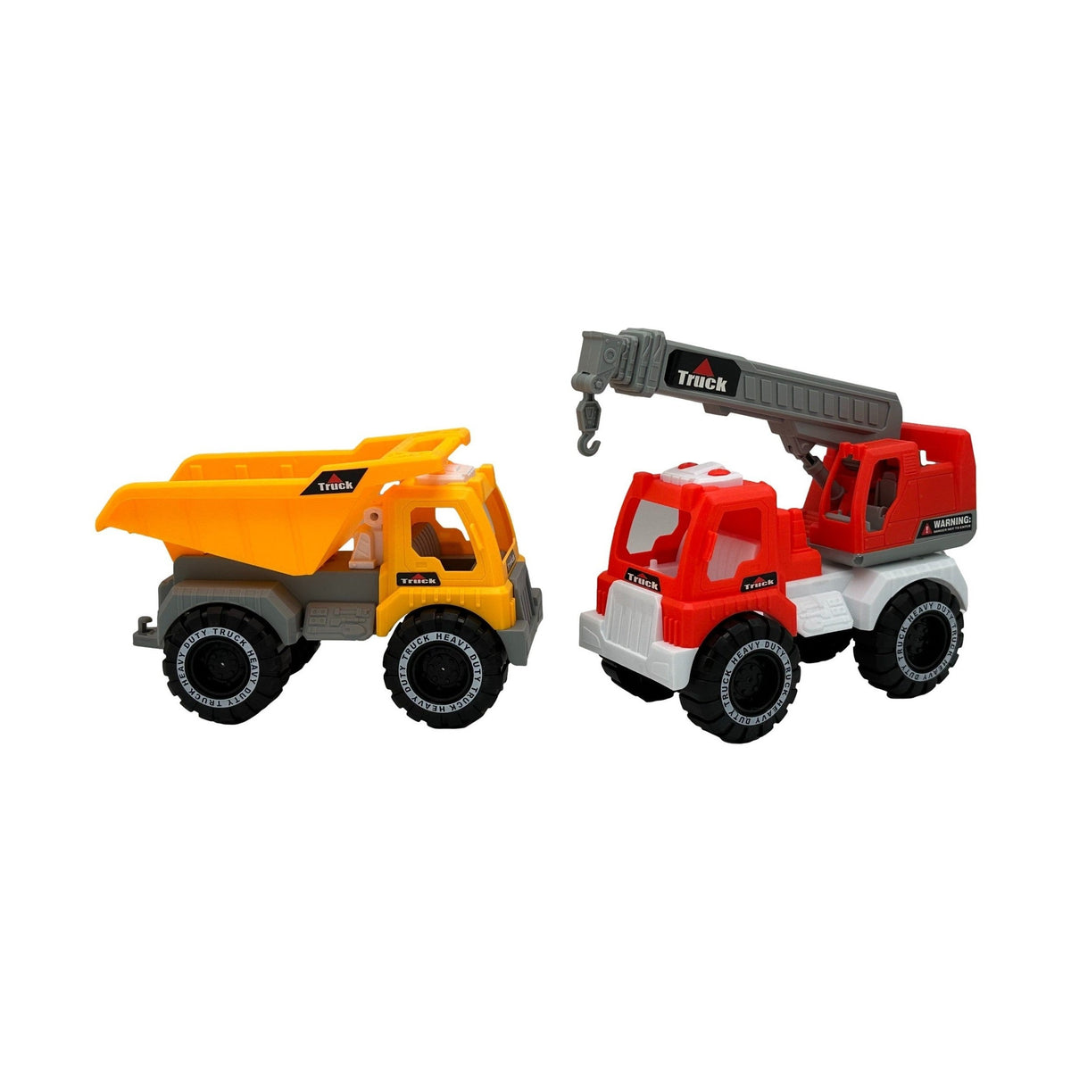 Two toy construction trucks, a yellow dump truck and a red and white crane truck, stand side by side on a white background.
